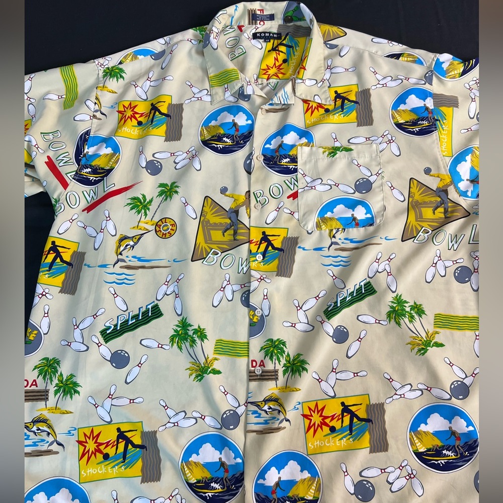 VTG Koman Sport Size 4X Bowling Fishing Hawaiian Shirt All Over Print Graphics